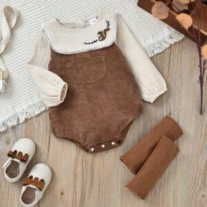 Baby Girls Basic Squirrel Embroidery Round Neck Long Sleeve T-Shirt And Sleeveless Romper With Leg Warmers Set