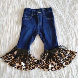 Kids Girls Casual Tassel Design Leopard Spliced Denim Flared Pants