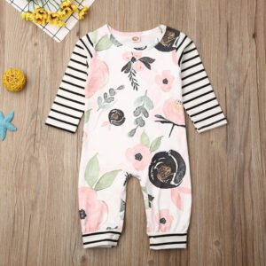 Baby Girls Round Neck Long Sleeve Flower Pattern Striped Jumpsuit