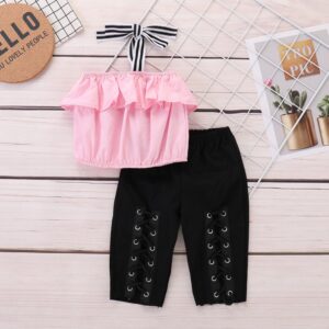Kids Girls Casual Ruffle Solid Color Strap Tops And Bandage Design Pants Set