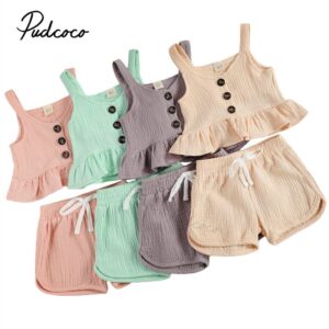 Kids Girls Basic Casual Solid Color Sleeveless Ruffled Top And Elastic Shorts Set