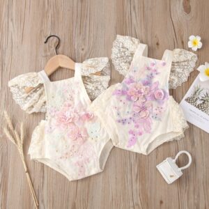 Baby Girls Sweet Square Neck Lace Mesh Flying Sleeves Flower Embroidered Pearl Lace Up Backless Romper