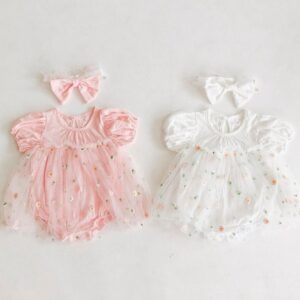 Baby Girls Cute Round Neck Short Sleeve Mesh Flower Pattern Romper With Headband