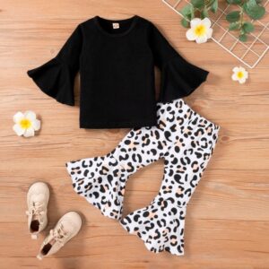 Girls Casual Round Neck Flare Sleeve Top And Leopard Flared Pants Set
