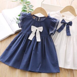 Girls Cute Embroidered Bow Round Neck Short Sleeve Dress
