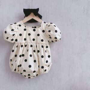 Girls Cute Polka Dot All Over Print Puff Sleeve Romper With Headband