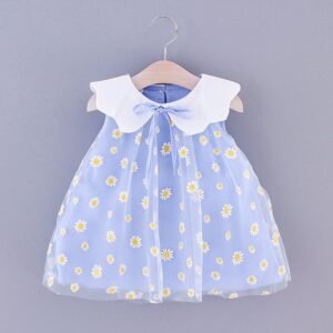 Girls Cute Daisy All Over Print Big Lapel Sleeveless Mesh Dress
