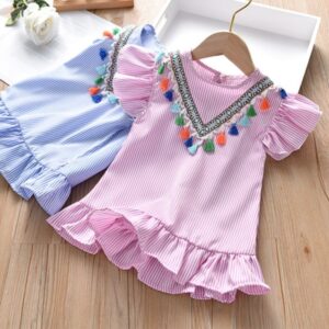 Girls Ethnic Round Neck Short Sleeve Ruffled Striped Dress