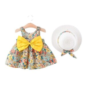 Baby Girls Retro Floral All Over Print Sleeveless Bow Decor Dress With Hat Set