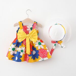 Girls Casual Flower All Over Print Bow Decor Sleeveless Dress With Hat Set