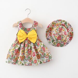 Girls Pastoral Floral All Over Print Bow Decor Sleeveless With Hat Set