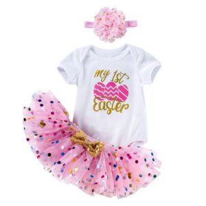 Easter Baby Girls Round Neck Short-sleeved Cartoon Egg Letter Pattern Romper And Color Polka Dot Mesh Skirt With Headband Set