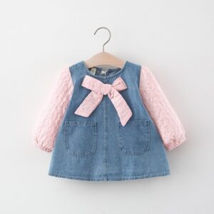 Baby Girls Sweet Round Neck Long Sleeve Bow Decor Spliced Denim Dress