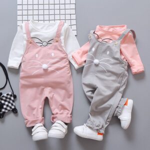 Baby Girls Cute Cartoon Cat Beard Pattern Round Neck Long Sleeve T-Shirt And Suspender Trousers Two-piece Set