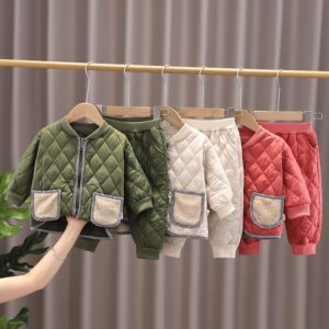 Baby Casual Rhombus Long Sleeve Zipper Warm Coat And Pants Two-piece Set