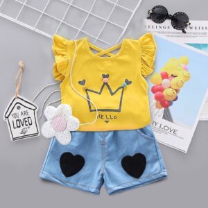 Baby Girls Cute Stringy Selvedge Crown Pompon T-Shirt And Denim Shorts Set