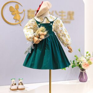 Girls Pastoral Floral Long-sleeved Lapel Top And Suspender Skirt Two-piece Set