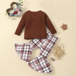 Baby Girls Simple Solid Color Round Neck Long Sleeve Top And Plaid Flared Trousers Set