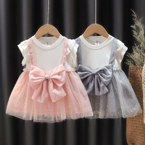 Baby Girls Cute Round Neck Long Sleeve Bow Decor Mesh Fake Two-piece Princess Dresses