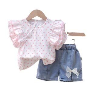 Girls Polka Dot Ruffled Short-sleeved T-Shirt And Denim Shorts Set