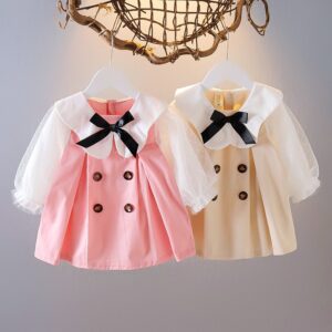 Baby Girls Cute Lapel Long Sleeve Bow Dress