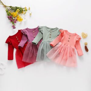 Baby Girls Simple Round Neck Long Sleeve Stringy Selvedge Mesh Design Romper