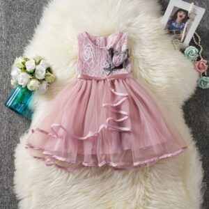Girls Simple Round Neck Sleeveless Flower Decor Gauze Lace Princess Dress