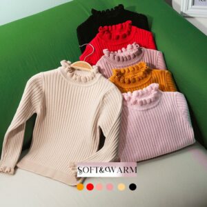 Girls Casual Stringy Selvedge High Neck Design Solid Color Knitwear