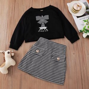 Girls Casual Bow Pattern Long Sleeve Top And Houndstooth Skirt Set