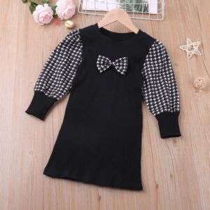 Girls Sweet Houndstooth Patchwork Bow Knitted Dress