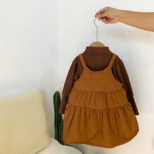 Girls Fashion High Neck Base Shirt And Pleated Suspender Skirt Set