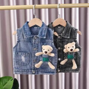 Kids Fashion Bear Decor Single-breasted Denim Vest
