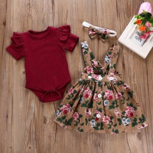 Girls Solid Color Romper And Flower Printed Suspender Skirt With Headband Set