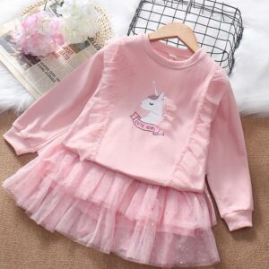 Girls Fashion Cartoon Pattern Sweatshirt And Mesh Skirt Set