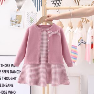 Girls Solid Color Bow Decor Coat And Plaid Sleeveless Dress Set