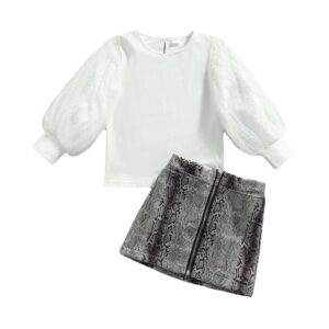 Girls Net Lantern Long-sleeves Tops And Snakeskin Skirt Set