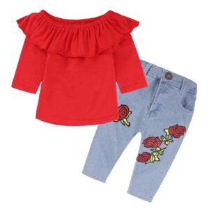 Girls Fashion Solid Color Ruffled Tops And Flower Pattern Jeans
