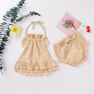 Girls Fashion Solid Color Flounced Design Tops And Shorts Set