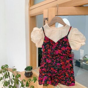 Girls Fashion Solid Color Puffy Sleeves Tops And Floral Slip Dress Set