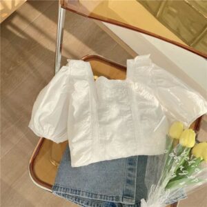 Girls Fashion Solid Color Lace Blouse And Denim Shorts Set