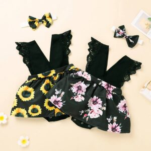 Girls Black Sleeveless Lace Design Top And Sunflower Shorts Two-Piece Suit