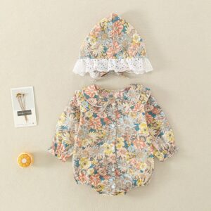 Girls Fashion Lapel Single-breasted Floral Romper With Cap Set