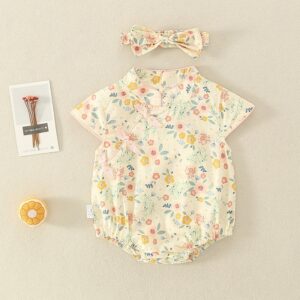 Girls Fashion Folk Floral Romper With Headband Set