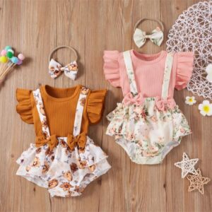Girls Solid Color Tops And Flower Pattern Suspender Trousers With Headband