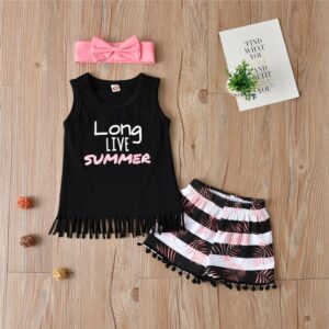 Girls Letter Pattern Tassels Design Tops And Shorts With Headband
