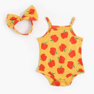 Girls Cute Apple Pattern Slip Romper With Headband