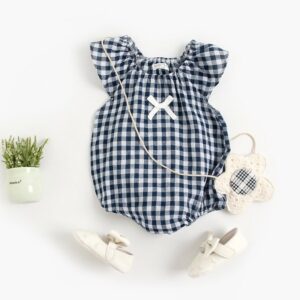 Girls Simple Sleeveless Plaid Romper