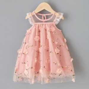 Girls Fashion Flower Print Mesh Yarn Dress