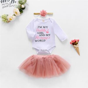 Girls Long-sleeves Letter Printed Romper And Skirt With Headband Set