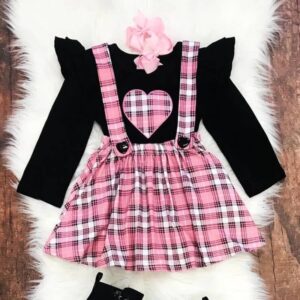 Girls Long-sleeves Ruffled Heart Pattern T-Shirt And Plaid Suspender Skirt Set